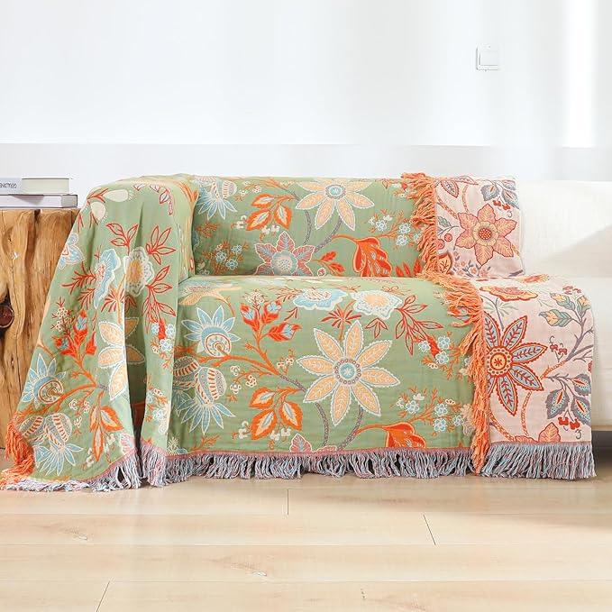 Boho Throw Blanket for Bed-Soft Cotton Rustic Quilt 80