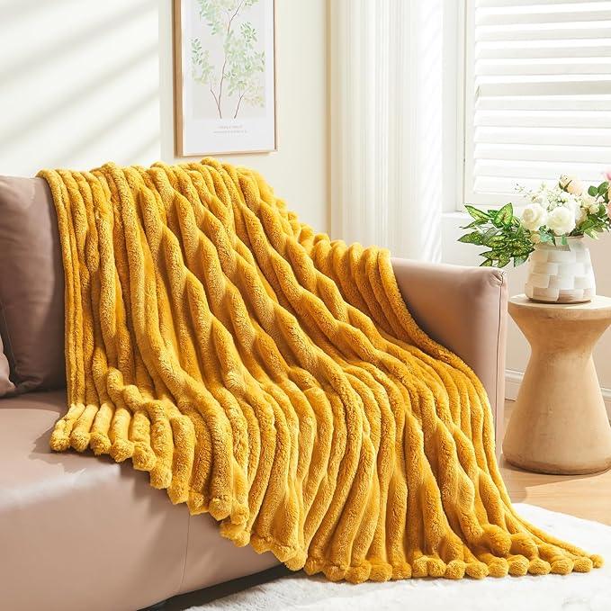 NEWCOSPLAY Super Soft Throw Blanket Mustard Yellow Premium Silky Flannel Fleece 3D Ribbed Jacquard Lightweight Bed Blanket All Season Use (Mustard Yellow Ribbed, Throw(50