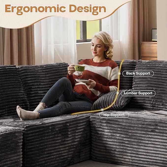 Cloud Sectional Couches for Living Room,U Shaped Modular Sofas No Assembly,135x100 Inches Plush Corduroy Oversized Floor Couch Set with Deep Seat Chaise,Grey