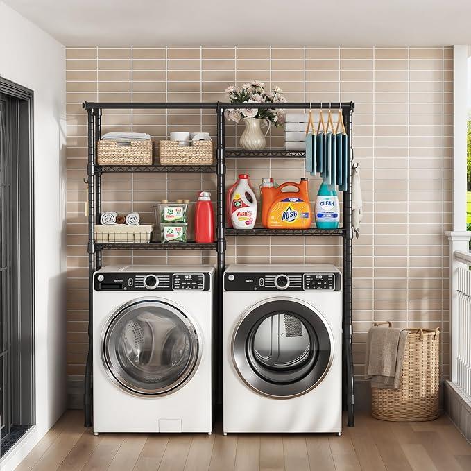 U14 Over Washer and Dryer Storage Shelves, 4 Tiers Laundry Room Storage and Organizer System, Space Saving Clothes Drying Rack with 2 Clothes Hanger Rods, 66.5