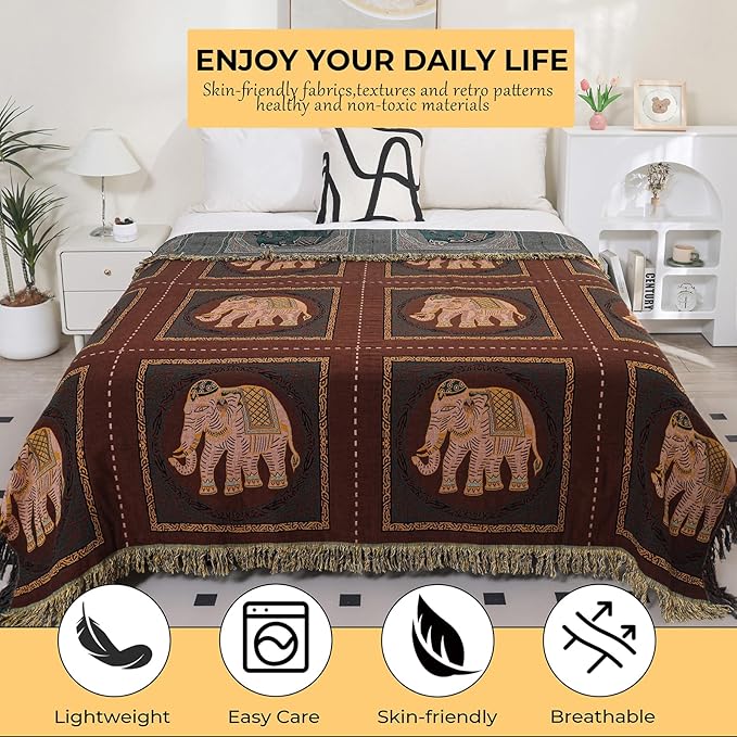 Boho Throw Blanket for Bed with Tassels,100% Cotton Ultra Soft and Cozy Large Blanket Elephant Printed Farmhouse Decor Bed Blankets,60
