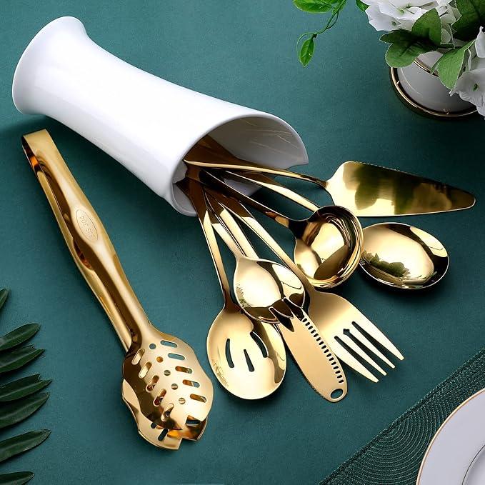 Gold Serving Utensils, OGORI 8-Piece Polished Stainless Steel Flatware Silverware Set Include Serving Spoon, Slotted Spoon, Cake Server, Soup Ladle, Fork, Salad Fork, Butter Knife, Serving Tong