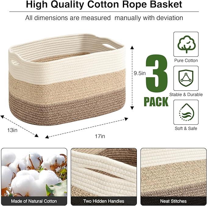 Large Storage Baskets for Organizing Shelves, Woven Cotton Rope Bins for Baby Nursery Organization, Book Toy Towel Organizer, 17