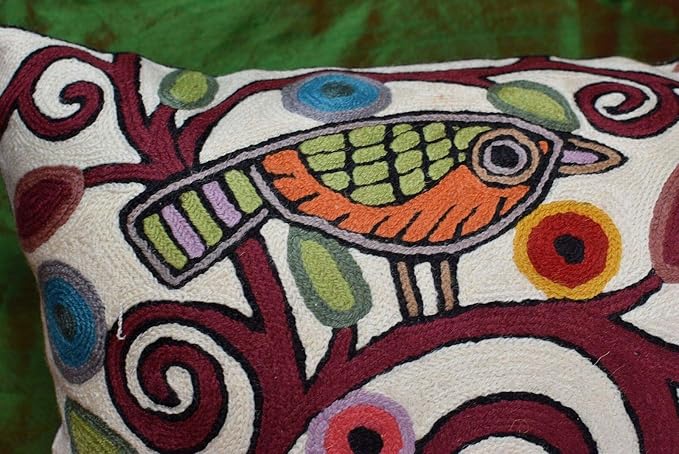 Lumbar Klimt Modern Pillow Cover | Cream, Multicolor Tree of Life, Birds, Floral Suzani Floral Pattern | 14