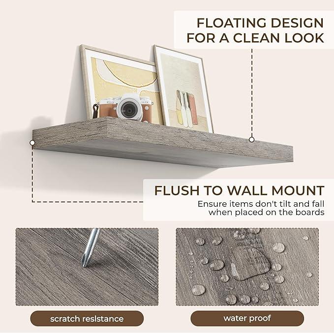 RICHFOCUS 36Inch Floating Shelves for Wall 2 Pack Shelves for Bedroom|Kitchen|Bathroom Wall Mounted Rustic Wood Floating Shelf with Invisible Brackets for Books|Storage|Decor, Grey
