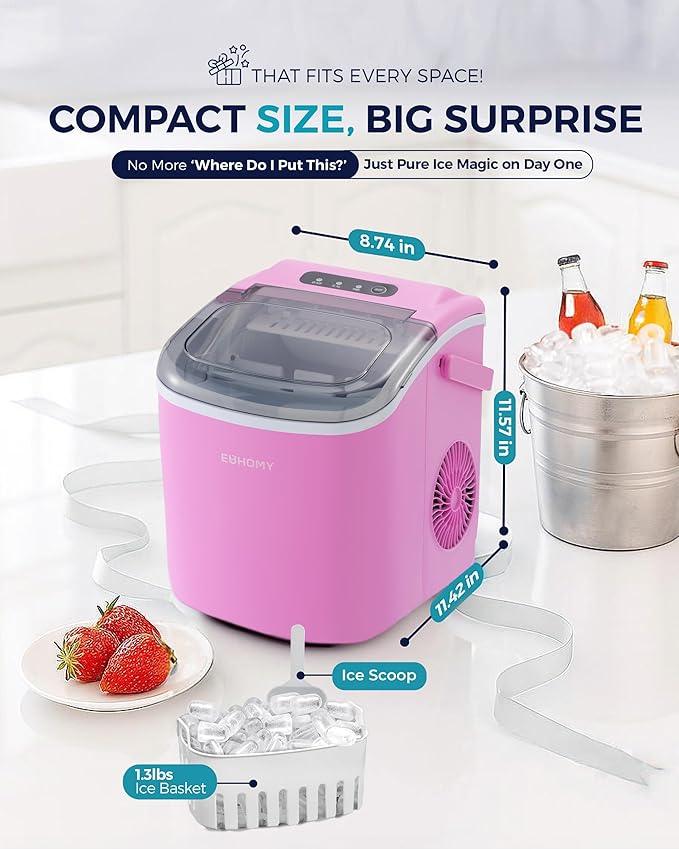 EUHOMY Countertop Ice Maker Machine with Handle, 26lbs in 24Hrs, 9 Ice Cubes Ready in 6 Mins, Auto-Cleaning Portable Ice Maker with Basket and Scoop, for Home/Kitchen/Camping/RV. (Pink)