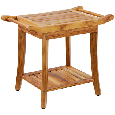 Teak Shower Bench, 22 X 14.4 X 18.5 In, Waterproof Wood Shower Stool With Storage Shelf Handle Non-Slip Feet, 300 Lbs Maximum Load Capacity Shower Chair Seat, For Bathroom Indoor And Outdoor Use