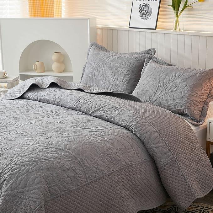 MarCielo 3-Piece 100% Cotton Oversized Bedspread Lightweight Quilt Coverlet Embroidery Farmhouse Bedding Set T0 (Light Grey, Oversized King (118