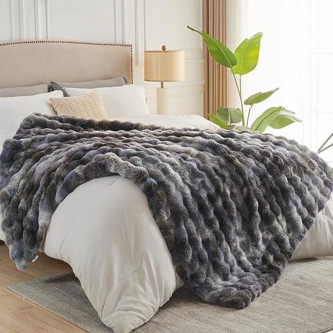 NEWCOSPLAY Faux Fur Twin Blanket Tie-dye Grey Luxury Fluffy Thick Warm Bubble Blanket for Couch Sofa Bed 700GSM (Tie-dye Grey, Twin(60
