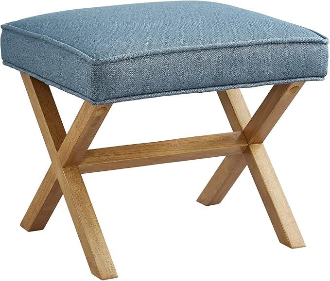 Amazon Basics Small Ottoman Foot Rest, Mid-Century Modern X Square Polyester Foot Stool, Indigo Blue, 20