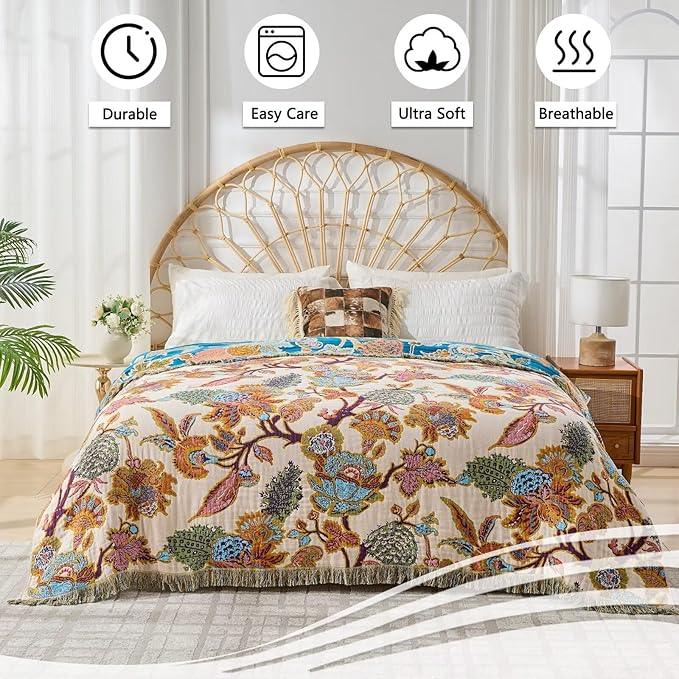 100% Muslin Throw Blanket for Couch, Butterfly and Floral Double Embroidery Fall Throw Blanket 60