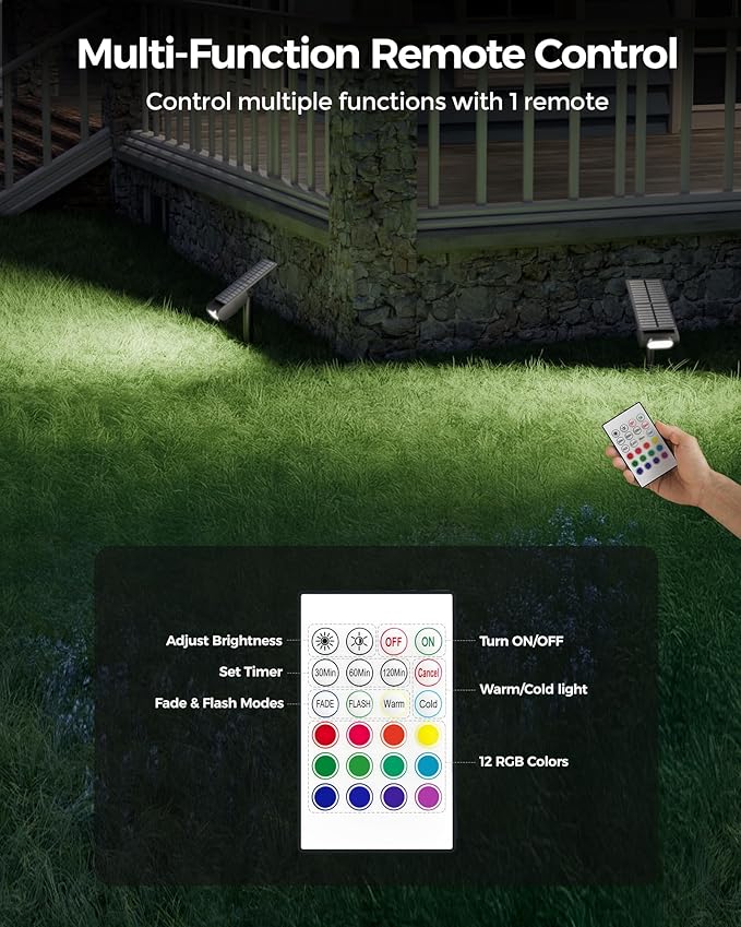 Solar Spot Lights Outdoor Waterproof IP67, RGB Landscape Lighting with Remote & Timer, Color Changing Solar Uplights Outdoor for Trees, Garden, Yard, and Pathway (2 Pack)