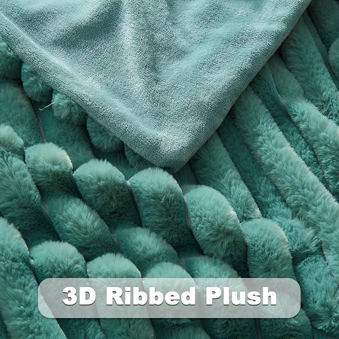 NEWCOSPLAY Faux Fur Twin Blanket Light Teal 3D Ribbed Plush Thick Warm Blanket for Couch Sofa Bed 850GSM (Light Teal Ribbed, Twin(60