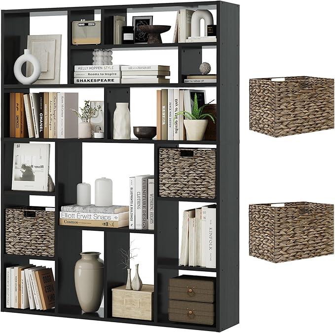 71” Tall Open Black Bookcase with Baskets, Free-Standing 6-Tier Wooden Display Storage Bookshelves with 16 Irregular Cubes for Living Room, Home Decor