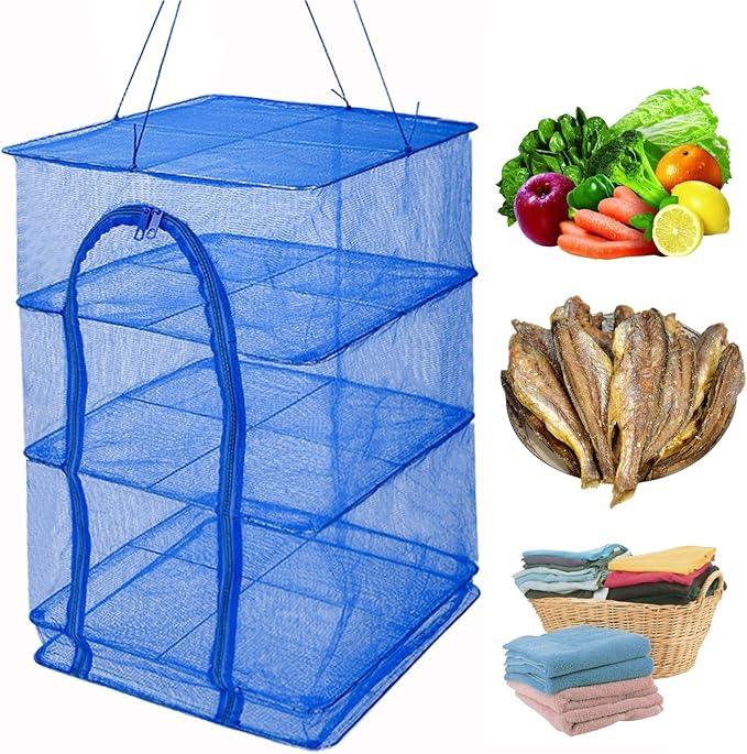 Drying Rack 4 Layers Folding Mesh, Foldable Nylon Netting, Hanging Drying Net, for Shrimp, Fish, Fruit, Vegetables, Herb, with Zipper Opening - Blue (25.59X13.78X13.78 in)