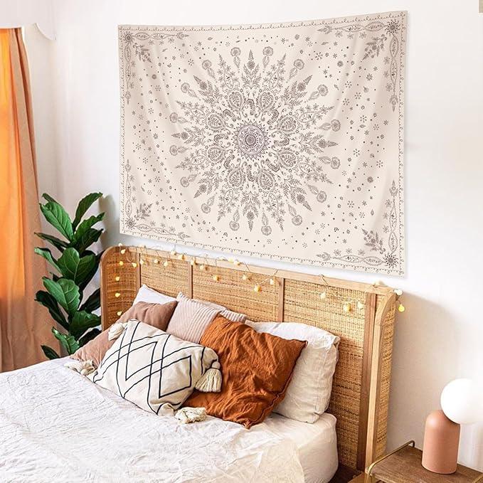 Lunerfex Boho Floral Tapestry Mandala Wall Tapestry, Cute Tapestries for Bedroom Beige Flower Tapestries Wall Hanging for Bedroom Living Room Decor Beige-1 60