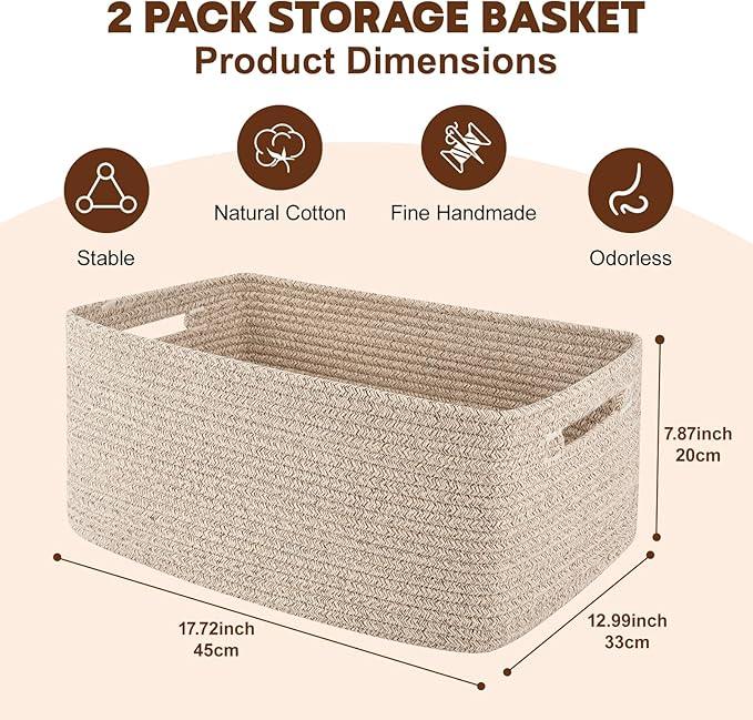 OIAHOMY Storage Basket for Shelves, Closet Cube Storage Bins Baskets for Clothes Blanket Towels, Baby Nursery, Toy Baskets Box, Woven Rope Basket, 17.72*12.99*7.87 IN, 2 Packs Brown