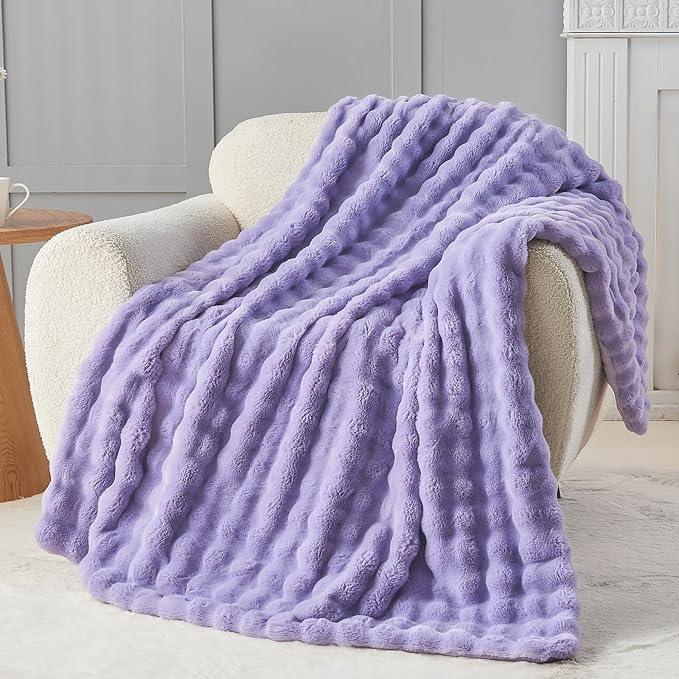 NEWCOSPLAY Faux Fur Twin Blanket Lavender Bubble Blanket Thick Warm Soft for Couch Sofa Bed 550GSM (Lavender, Twin(60