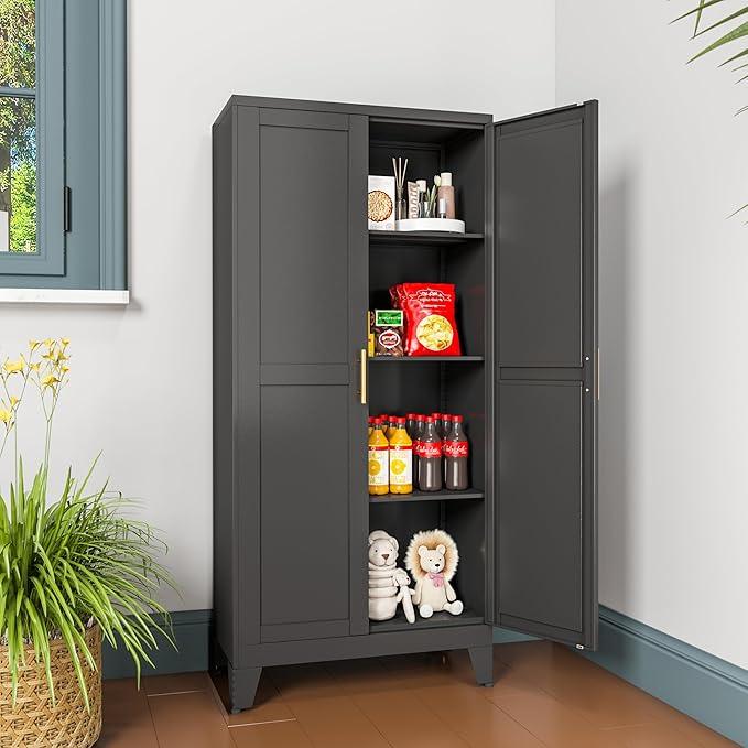 Metal Pantry Cabinet with 2 Doors and Adjustable Shelves, Kitchen Storage cabinets with Gold Handles, Versatile Storage for Laundry Room,Living Room,Bathroom,Dinning Room-Black