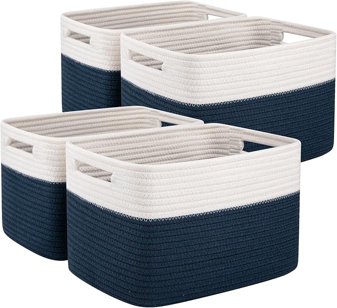 OIAHOMY 4 Pack Storage Baskets for Organizing, Basket for Shelves with Handle, Woven Baskets for Storage Toys, Towels, Books, Cotton Rope Basket 13
