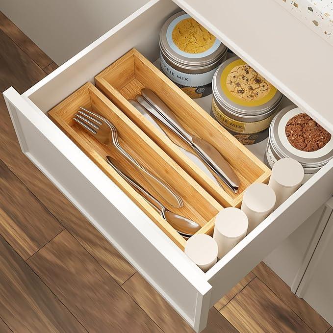 BAMEOS Kitchen Drawer Organizer,Small Silverware Drawer Organizer,Bamboo Utensil Organizer for Bathroom, Dressing Room, Office, Pantry (Natural, 11