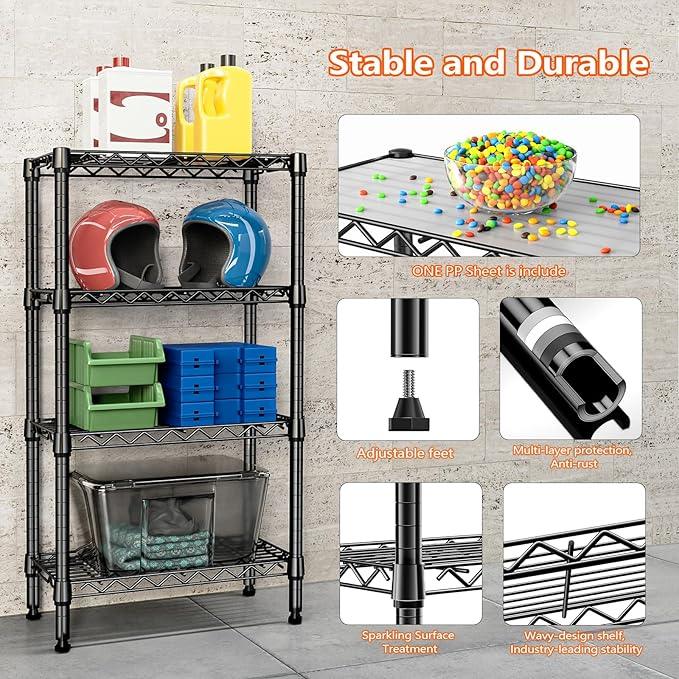 1000 lbs 4 Tier Shelf Metal Storage Shelves Wire Rack Closet Organizers with PP Board for Garage Kitchen Bathroom Laundry Black 11.8