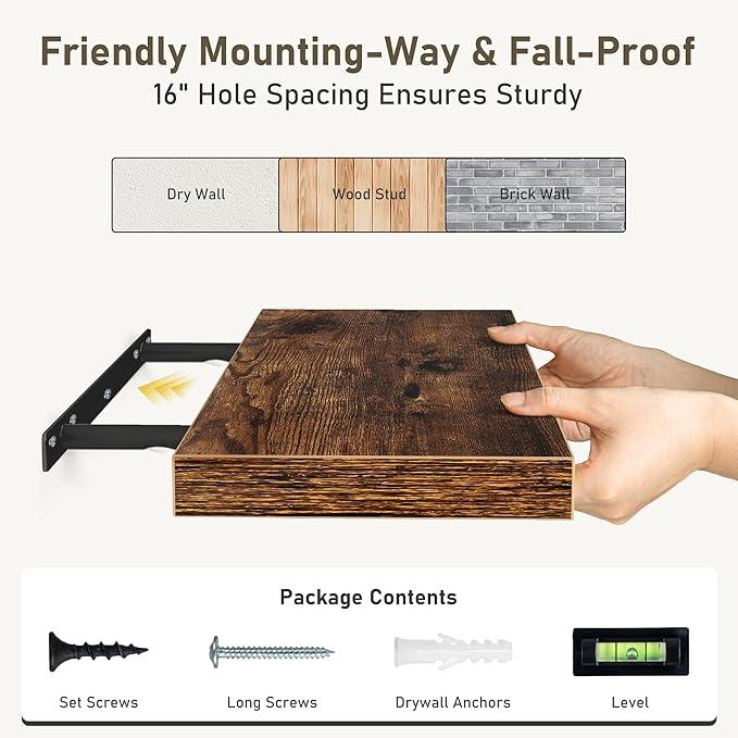 Floating Shelves Wall Shelf 40 Inch, 8 Inch Deep Floating Shelf for Wall, Farmhouse Black Wood Shelves Invisible Bracket for Living Room, Bedroom, Kitchen, 40 x 8 x 1.4 Inch, Set of 2, Rustic Brown