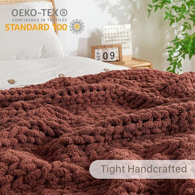 Chunky Knit Blanket Throw, 100% Hand Knit Throw Blanket Handmade Chenille Cable Knit Throw for Couch, Stylish Cozy Soft Rope Knot Crochet Blanket for Home Decor, Copper Brown, 40x50 Inches