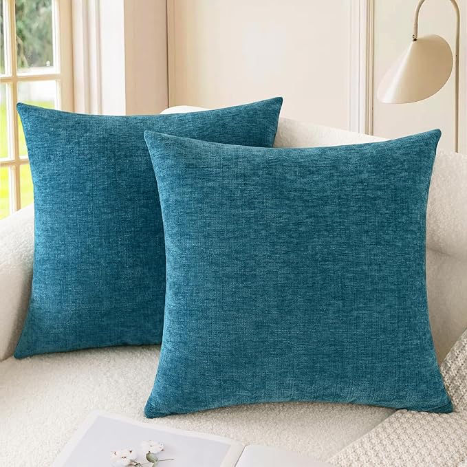 CaliTime Throw Pillow Covers Decorative 24 X 24 Inches Pack of 2 Cozy Chenille Cushion Cases for Couch Sofa Bed Living Room Home Ocean Blue