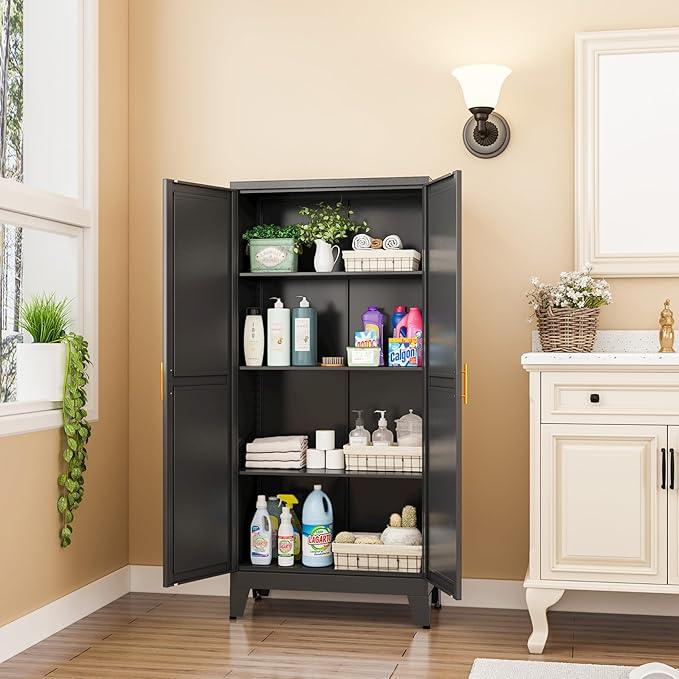 Metal Pantry Cabinet with 2 Doors and Adjustable Shelves, Kitchen Storage cabinets with Gold Handles, Versatile Storage for Laundry Room,Living Room,Bathroom,Dinning Room-Black