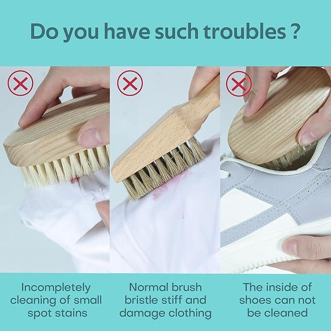 BFWood Laundry Stain Brush, Natural Soft Boar Bristles, Removes Tough Stains from Delicate Fabrics Like Knits, Cotton, and Linens, Gentle on Fabrics, No Damage