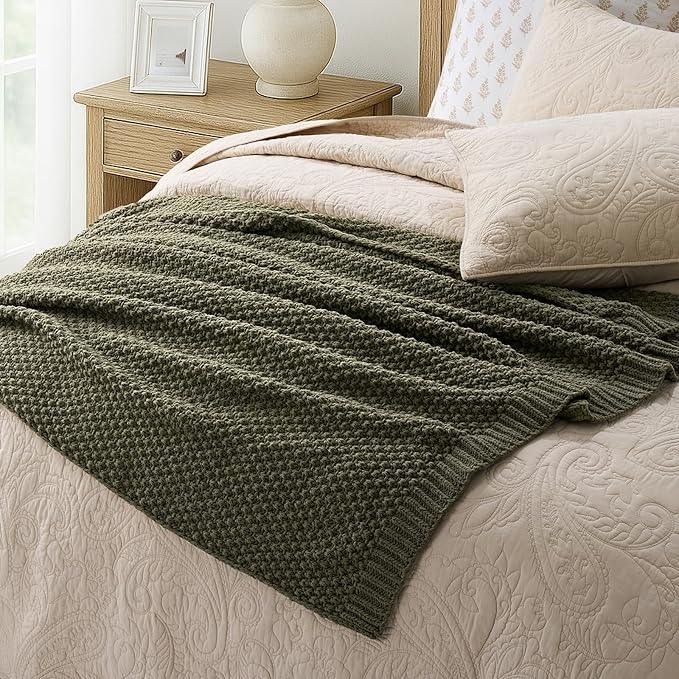 Chunky Chenille Knit Throw Blanket for Couch, Soft Luxurious Moss Stitch Blankets for Bed, Cozy Decorative Farmhouse Knitted Throws for Sofa, Olive Green, 60