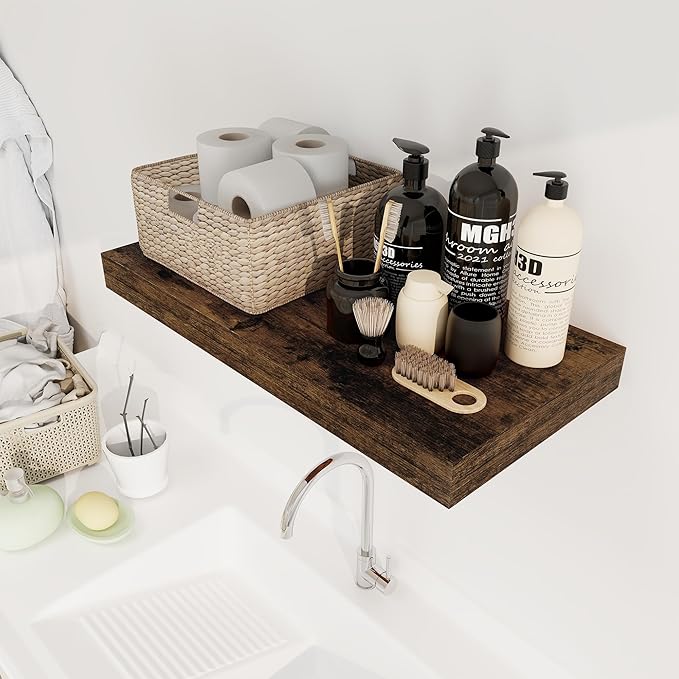 12 Inch Deep Floating Shelves, 24 x 12 Floating Shelf for Books, Rustic Wood Deep Wall Shelves for Home Storage & Display, 2