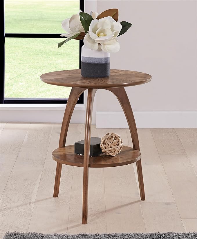 Martin Svensson Home Round Wood Nutmeg Brown Living Room End Side Accent Table Nightstand with Storage Shelf