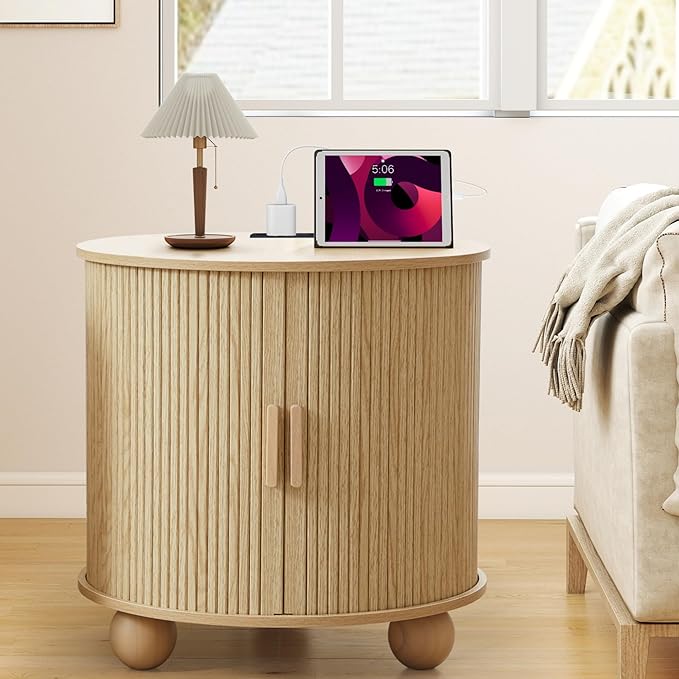 Farmhouse Round End Table with Charging Station, 24