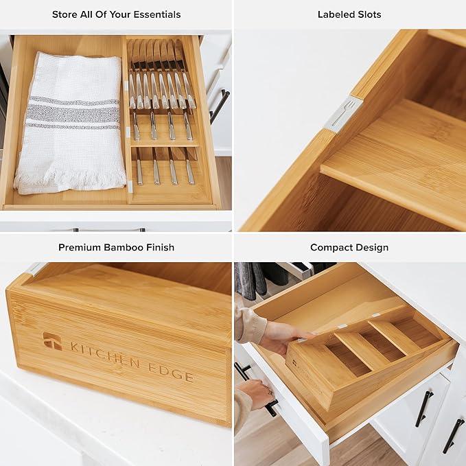 Premium Cutlery, Flatware, and Silverware Drawer Organizer – Slanted 3-Compartment Design with Labeled Slots, Non-Slip Feet, 100% Sustainable Bamboo