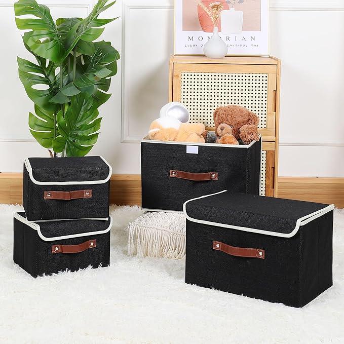 ANMINY 4PCS Storage Bins with Lid PU Leather Handles Storage Boxes PP Plastic Board Decorative Foldable Lidded Cotton Linen Fabric Home Cubes Baskets Closet Organizer Containers - Black, Large Size