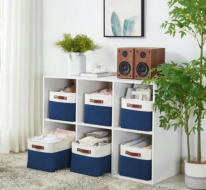 DECOMOMO Storage Bins Fabric Storage Baskets for Shelves, Linen Closet Organization Toys Nursery (Navy Blue and White, Large - 3 Pack)