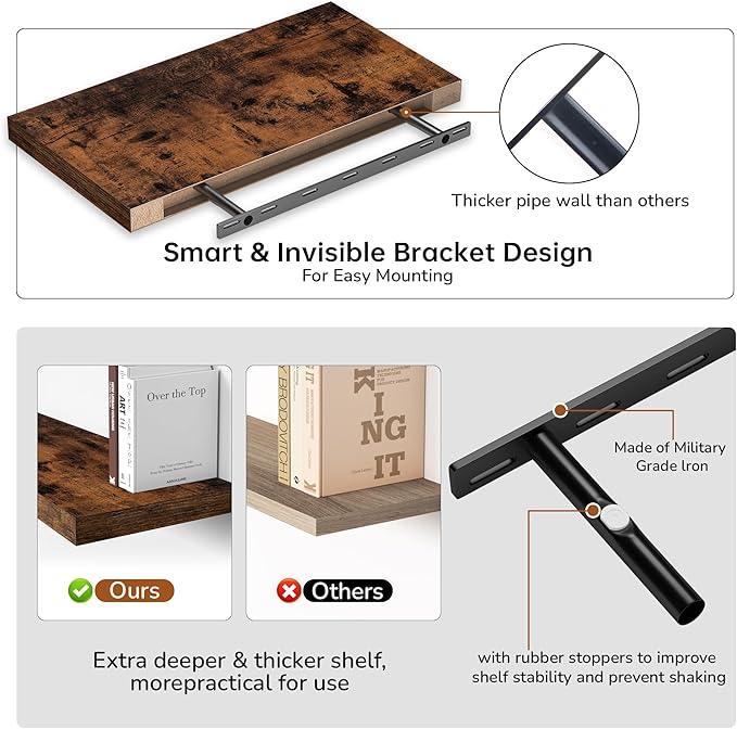 Fun Memories Floating Shelves - 2 Pack 12 Inch Deep Rustic Wooden Wall Shelves - Extra Deeper & Thicker Wall Mounted Storage Shelf for Living Room, Kitchen, Farmhouse - 24