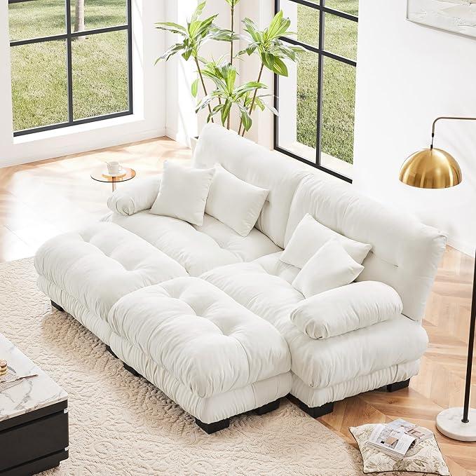 Loveseat Modular Sectional Sofa, U Shaped Couch with Ottoman, Cloud Couch Sectional Couch Home Sofa Living Room Oversized Couch Deep Seat Couch with Round Bolster Armrests 4 Pillows(White)