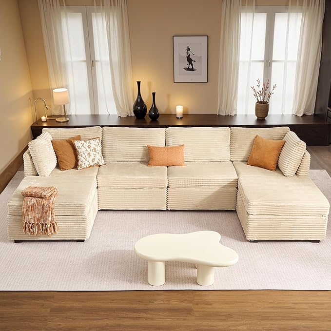 HOOOWOOO Modular Sectional Sofa,6 Pieces Sectional Couches for Living Room,131X66 L Shaped Cloud Couch with Ottoman Chaise Set(Beige Velvet Corduroy)