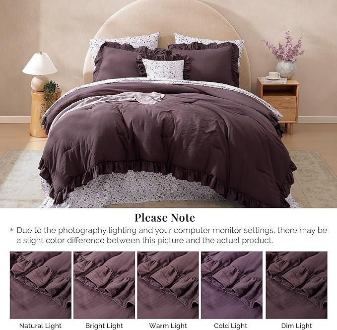 King Comforter Set - 7 Pieces Ruffle Purple Bedding Sets, Shabby Chic Farmhouse Bed in a Bag King with Ruffle Comforter, Floral Sheets, Pillowcases & Shams