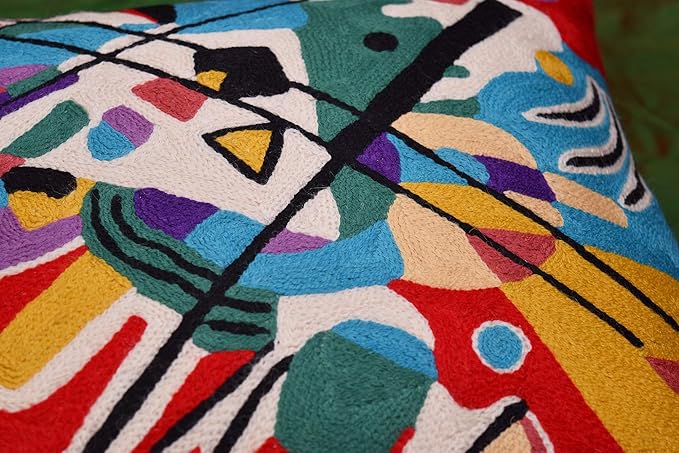 Kandinsky Modern Couch Pillow Cover - Red Painting | Abstract Toss Pillow | Modern Chair Cushion| Contemporary Pillow | Mid Century Chair Cushion | Hand Embroidered Pillow | Wool Size 18x18
