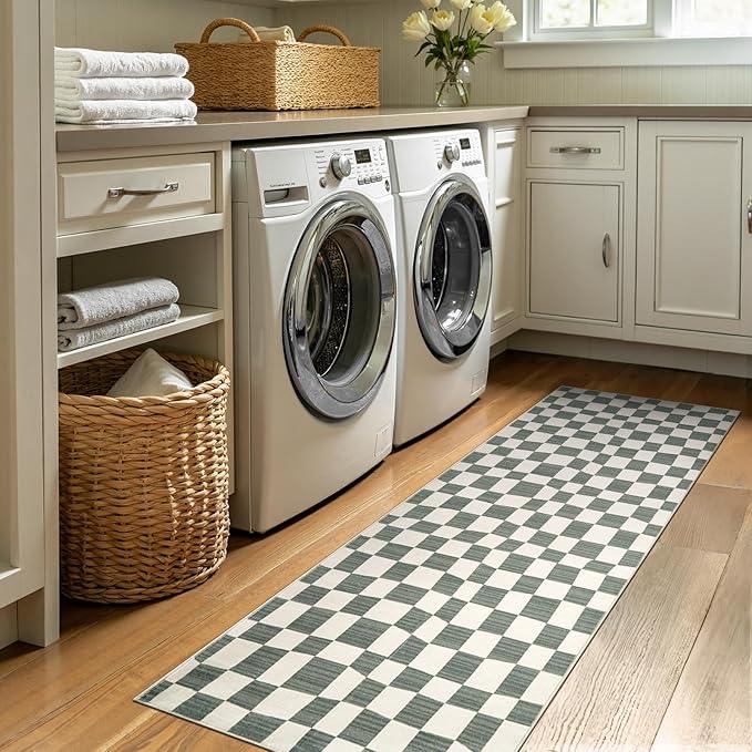jinchan Runner Rug 2x5 Hallway Washable Modern Checkered Geometric Lattice Kids Bedroom Rug Indoor Floor Cover Non Slip Soft Carpet for Nursery Room Kitchen Laundry Room Home Grey