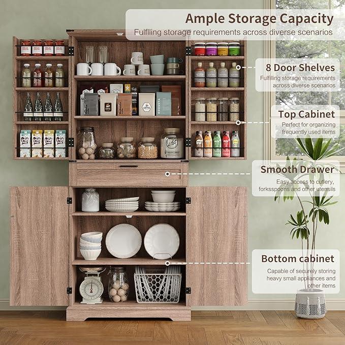 72'' Kitchen Storage Pantry Cabinet, Tall Storage Cabinet with 8 Door Shelves, 2 Cabinets and 1 Drawer, Freestanding Cupboard for Kitchen, Dining Room, Bathroom, Laundry, Living Room, Espresso