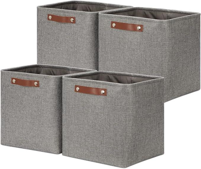 DULLEMELO 12 inch Cube Storage Bins, Large Collapsible Grey Storage Baskets for Square Cubes Organizing, Fabric Boxes Bins for Shelves Nursery Home Office Storage(4 Pack - 12