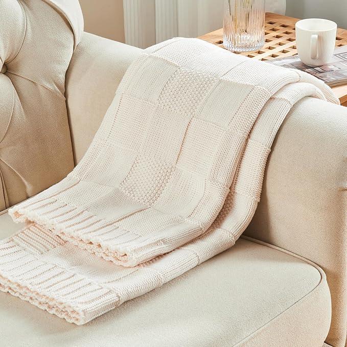 CozeCube Check Knit Throw Blanket, Cream White Checkered Throw for Couch, Decorative Christmas Soft Cozy Warm Knitted Blanket for Bed Sofa Living Room, 50