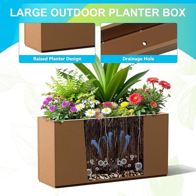 FENCY Metal Rectangular Planter Box, Large Planters for Outdoor Plants, Tall Planters for Outdoor Plants with Drainage Holes (32