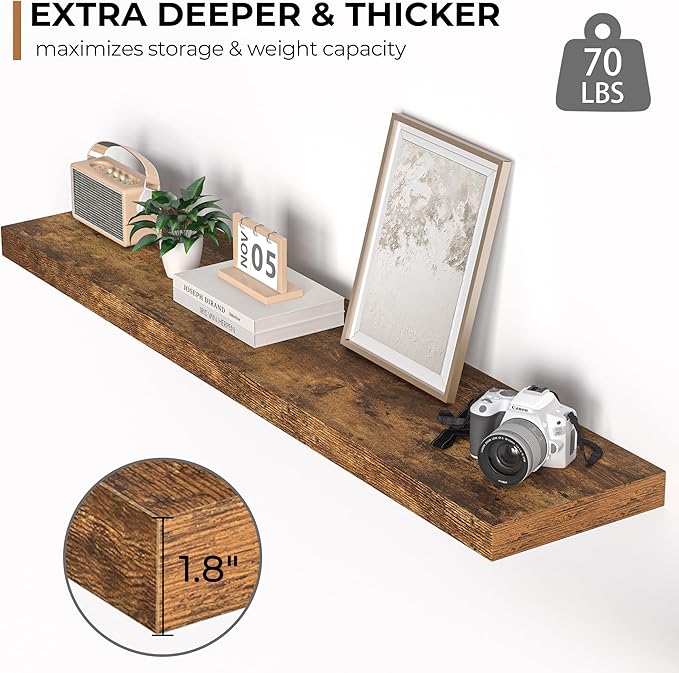 Floating Shelves - 10.23 Inch Deep Wall Shelf for Decor & Storage - Wall Mounted Display Shelving with Invisible Heavy-Duty Metal Bracket - 48