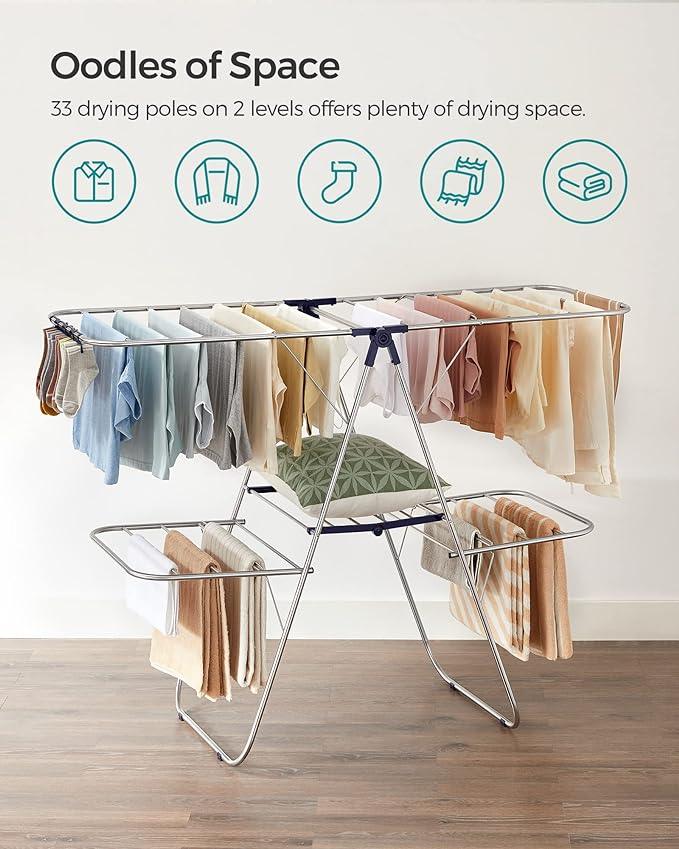 SONGMICS Clothes Drying Rack, Foldable 2-Level Laundry Drying Rack, Free-Standing Laundry Airer, with Height-Adjustable Wings, 33 Drying Rails, Sock Clips, Silver and Blue ULLR53BUV1